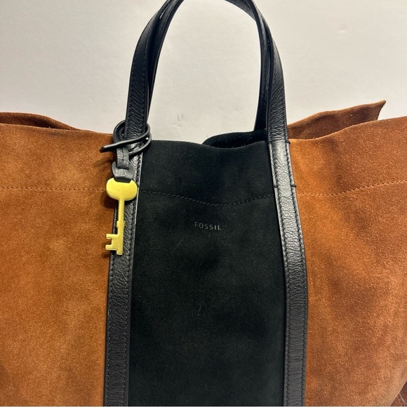 Fossil Carmen Shopper Tote Satchel Brown Black Genuine Leather Suede Key Charm - Picture 2 of 11